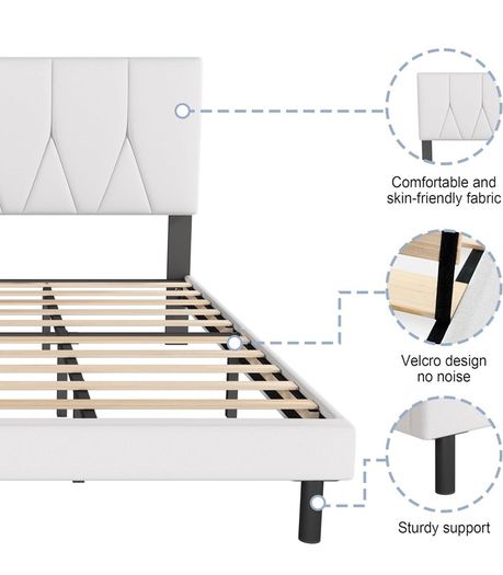 King Bed Frame, White, Upholstered Wooden Slat Bed Frame with Headboard, Easy Assembly, Underbed Storage, No Box Spring Needed 150x200