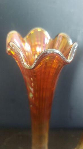 Fabulous Pair of Antique/Vintage Imperial Glass Company Carnival Glass Ripple Swung Vases in the Ombre Marigold Opalescent Colourway, Circa 1907 -1930, Priced as a Pair