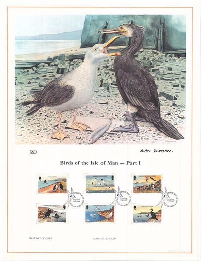 1983 Isle of Man Limited Edition Lithographed Print measuring 333mm X 257mm showing Low Value Definitive Stamp Part 1 1p, 2p, 5p, 8p, 10p & 11p with First Day of Issue Cancel