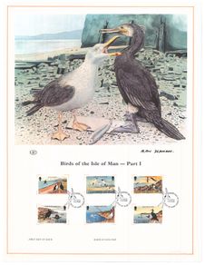 1983 Isle of Man Limited Edition Lithographed Print measuring 333mm X 257mm showing Low Value Definitive Stamp Part 1 1p, 2p, 5p, 8p, 10p & 11p with First Day of Issue Cancel