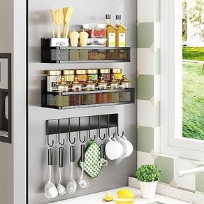 Magnetic Spice Rack for Refrigerator, 3 Pack Magnetic Shelf, Fridge Organizer Shelves for Kitchen Organization and Storage, Moveable Space Saver Seasoning Racks with 8 Hooks