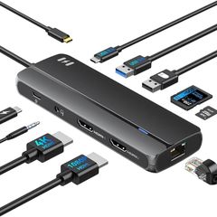 Splitter Extended Display for macOS, 10 in 1 USB C Docking Station Dual Monitor with 2 HDMI, USB C/A 3.0, PD 100W, Ethernet, Audio Mic for M1 M2 MacBook Pro/Air/Windows