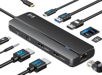 Splitter Extended Display for macOS, 10 in 1 USB C Docking Station Dual Monitor with 2 HDMI, USB C/A 3.0, PD 100W, Ethernet, Audio Mic for M1 M2 MacBook Pro/Air/Windows