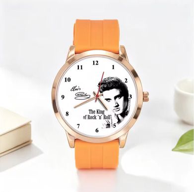 Elvis Presley themed wristwatch with orange strap