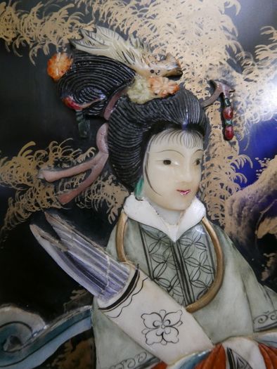 Vintage large Japanese Mother of Pearl Wall Panel / Black Lacquer Geisha Warrior & Floral ORIENTAL WALL ART
