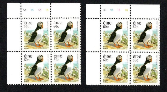 2002-04 Ireland Tenth Definitive series Birds 60c Puffin Plate Block 1A1A1A1A & 1B1B1B1B Mint Never Hinged (MNH)
