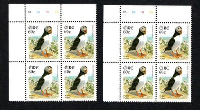 2002-04 Ireland Tenth Definitive series Birds 60c Puffin Plate Block 1A1A1A1A & 1B1B1B1B Mint Never Hinged (MNH)