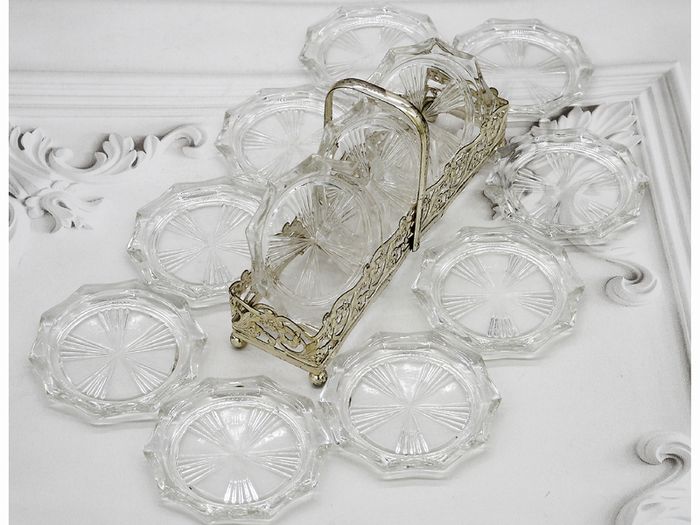 Vintage Midcentury Glass Coasters & Silver Holder-Set of Twelve