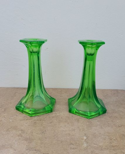 Antique green glass candlesticks