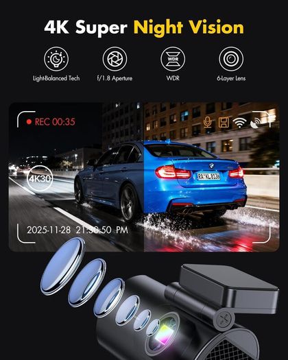 GKU 4K Dash Cam Front and Rear, 5GHz WiFi Dashcam with 64GB SD Card, Dual Car Camera Dash Cam with Parking Monitor, Night Vision, WDR, 170 Wide Angle, G-Sensor, Loop Recording, APP Control, Max 256GB