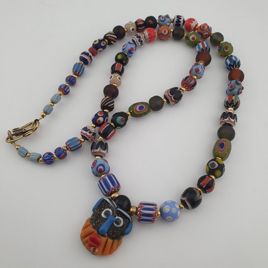 Antique Venetian Style MulitColor Mix Glass & Old Face Glass Pendant Necklace