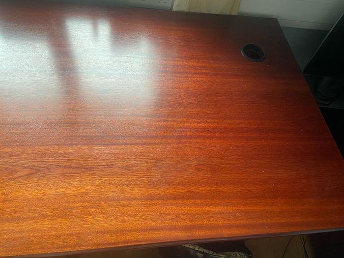Large, very solid desk with side desk, lockable pedestal on wheels and lockable cabinet
