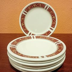 7 x Royal Doulton 'Steeelite' Plate 16,5 cm. Gold and Red Scroll Border