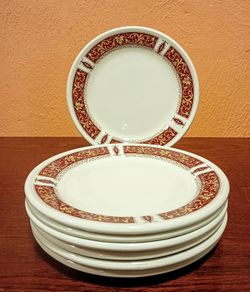 7 x Royal Doulton 'Steeelite' Plate 16,5 cm. Gold and Red Scroll Border