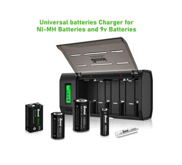 BONAI LCD Rechargeable Battery Charger For C, D, AA, AAA Battery (Ni-Mh or Ni-Cd) and 9V Battery (Ni-Mh or Li-ion) - LCD Universal Battery Charger With Discharge Function [Black]