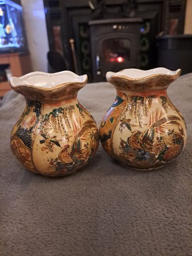 Pair of Hand Painted Chinese Satsuma Style Vases