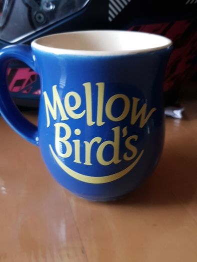 Vintage Mellow Birds Blue Yellow Coffee Mug Rare Retro Collectable Advertising