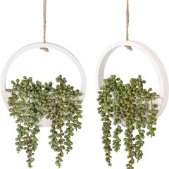2pcs Artificial Succulents Hanging Plants 12.2'' Fake String of Pearls in Pot with 8.3'' Lanyard for Indoor Outdoor Wall Decor