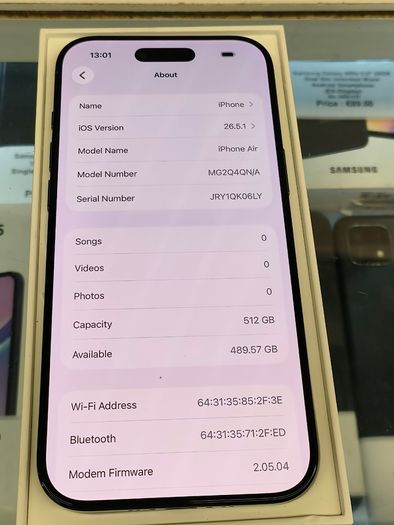iPhone Air 512GB iPhone 17 Air iPhone Air - EU Irish Model Unlocked Black NEW (Battery is 100% = Zero Cycle)