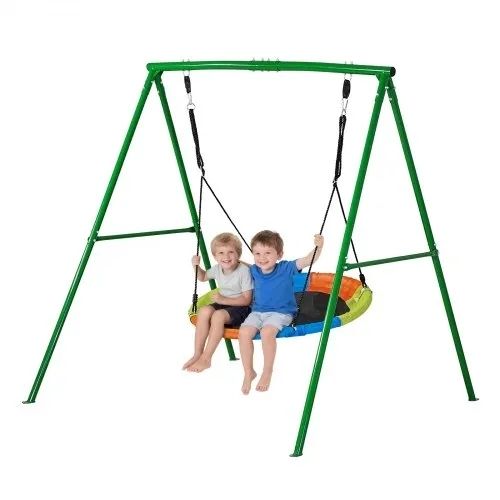 Swing Set for Backyard, 100 cm Saucer Swing Seat with Heavy Duty A-Frame Metal Stand, 199.6 kg Load Capacity, Reinforced with Spiral Ground Anchors, Swingset Outdoor for Kids, Green and Colorful