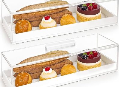Acrylic Rectangular Cake Tray Multifunctional Rectangle Cake Stand with Clear Cover Lid - Serving Tray - Dessert Holder for Party Home Kitchen - Afternoon Tea Stands (2PCs)