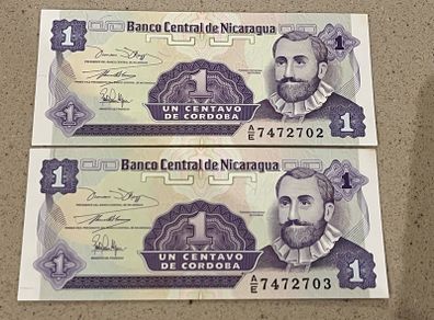 Nicaragua 1991 Uncirculated Centavos Banknotes Consecutive Numbers