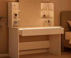 Dressing Table 3 Compartments with Lighting Including Distance Sensor Mirror 4 Open Shelves White Dressing Table Cosmetic Table 108 x 40 cm