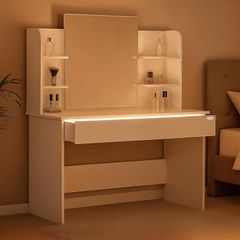 Dressing Table 3 Compartments with Lighting Including Distance Sensor Mirror 4 Open Shelves White Dressing Table Cosmetic Table 108 x 40 cm