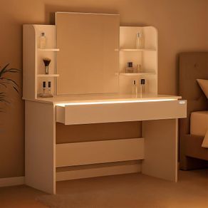 Dressing Table 3 Compartments with Lighting Including Distance Sensor Mirror 4 Open Shelves White Dressing Table Cosmetic Table 108 x 40 cm