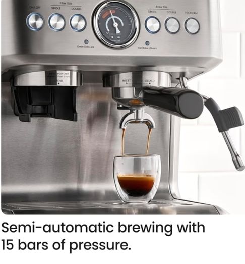 15 Bar Espresso Machine with Milk Frother, Barista Steam Wand, Professional Coffee Maker with Coffee Grinder, 30 Grind Settings, 3L Removable Water Tank - Stainless Steel