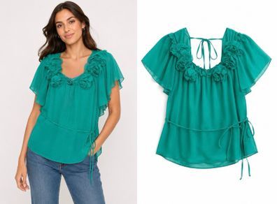 Awear green chiffon top with ruffled shoulders S / 36 / 8