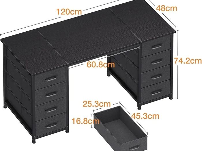 Computer Desk with 8 Fabric Drawers, Office Desk with Storage 120 x 48 cm Black Home Office Desk, PC Study Desk for Bedroom and Living Room Compact Work Table with More Storage Space