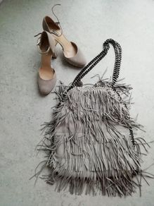 Grey suede Dune heels and handbag