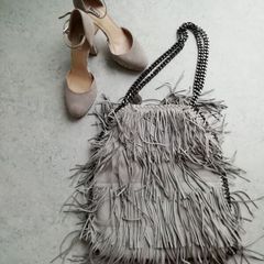Grey suede Dune heels and handbag