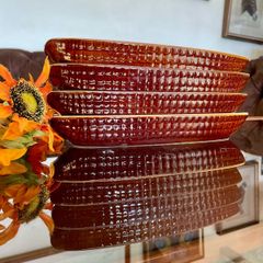 Vintage Stylish Brown Ceramic or Stoneware Corn on the cob Serving Dish Made in Taiwan 1960s 1970s 8 Holders