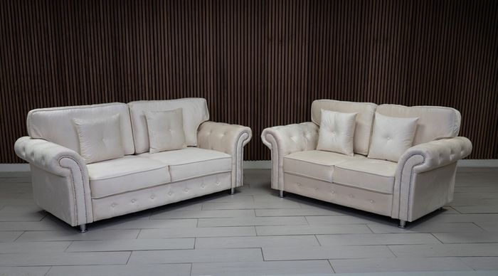 Olympia Cream Fullback Plush Velvet Fabric Sofa Set