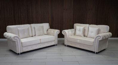 Olympia Cream Fullback Plush Velvet Fabric Sofa Set