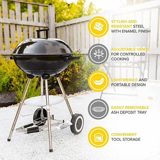 18 Inch Freestanding Kettle BBQ with Enamelled Fire Bowl, Chrome Plated Cooking Grid and Charcoal Grate for Lawn, Patio Garden Barbecue (FREE POSTAGE)