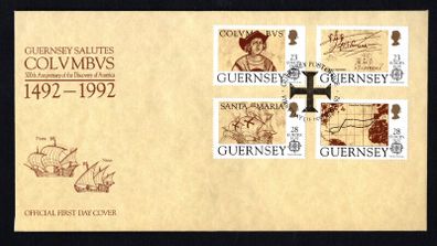 1992 Guernsey Europa 500th Anniversary of Discovery of America by Columbus Commemorative Stamps Official First Day Cover (FDC)