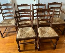 6 Vintage Oak Ladder Back Sugan Chairs with Rush Seating