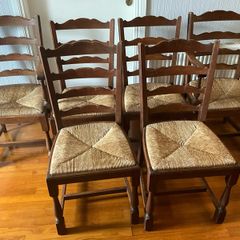 6 Vintage Oak Ladder Back Chairs with Rush Seating