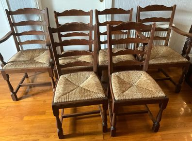 6 Vintage Oak Ladder Back Chairs with Rush Seating