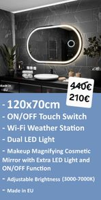 LED Bathroom Mirror Makeup Cosmetic Bright Light Vanity Dual LED Touch Switch Dimmable 120x70cm