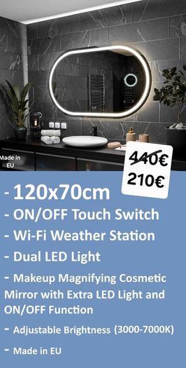 LED Bathroom Mirror Cosmetic Makeup Zoom Dual LED Touch Switch Made in EU