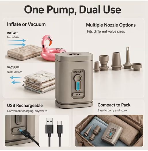 Outdoor Camping Mini Fast Charging Electric Air Pump 30W High Power 1200 Mah USB Charging Multi-Function Portable Inflatable And Deflation Dual-Purpose Pump, Suitable for Vacuum Compression Bags, Inflatable Sofas,