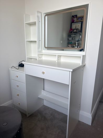 Dressing Table with LED Mirror and Adjustable Lights, 90cm White Vanity Desk