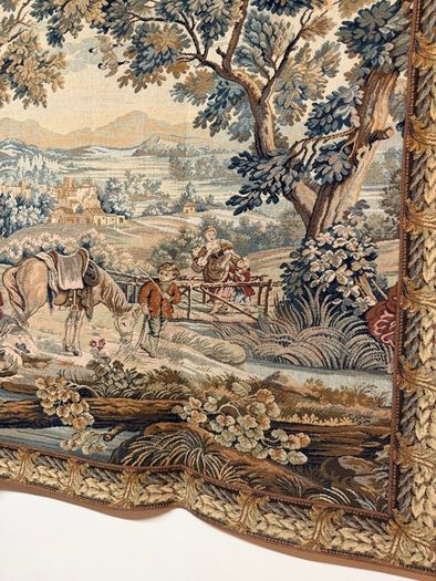 Vintage Hunting Scene Tapestry with Iron Rail