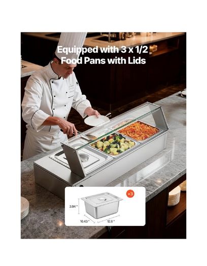 Buffet Food Warmer Stainless Steel 3 Pans with Glass Shield Commercial Countertop Bain Marie 220v