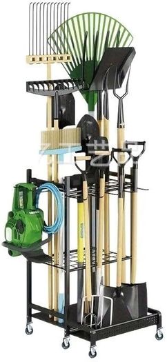Garden Tool Tower Storage Rack 360 Rotating Garden Tool Holder Stand Storage Organizer Shelf with 6 Wheels Heavy Duty Rolling Tool Cart for Lawn Garage Shed Workshop Patios