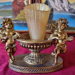 Antique Cherub Gold Effect Ornamental Pedestal Metal Candle Holder Pedestal Stand Made In Spain And With Gold Colour Murano Glass Scented Candle Made In Italy